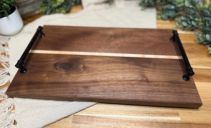 Walnut & Maple Serving Board with Rustic Handles | Handmade Wood Charcuterie Tray | Farmhouse Kitchen Decor
