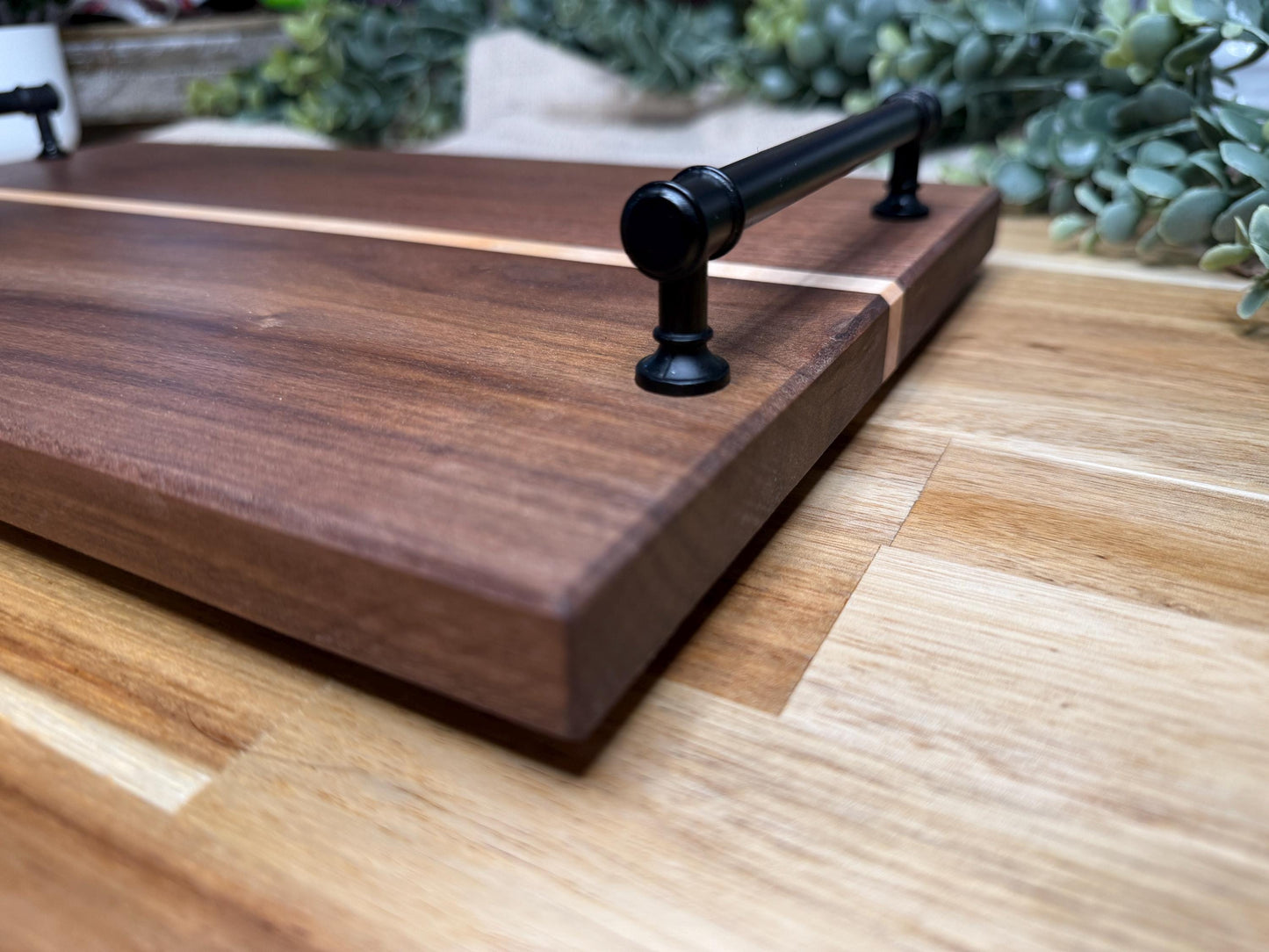Walnut & Maple Serving Board with Rustic Handles | Handmade Wood Charcuterie Tray | Farmhouse Kitchen Decor